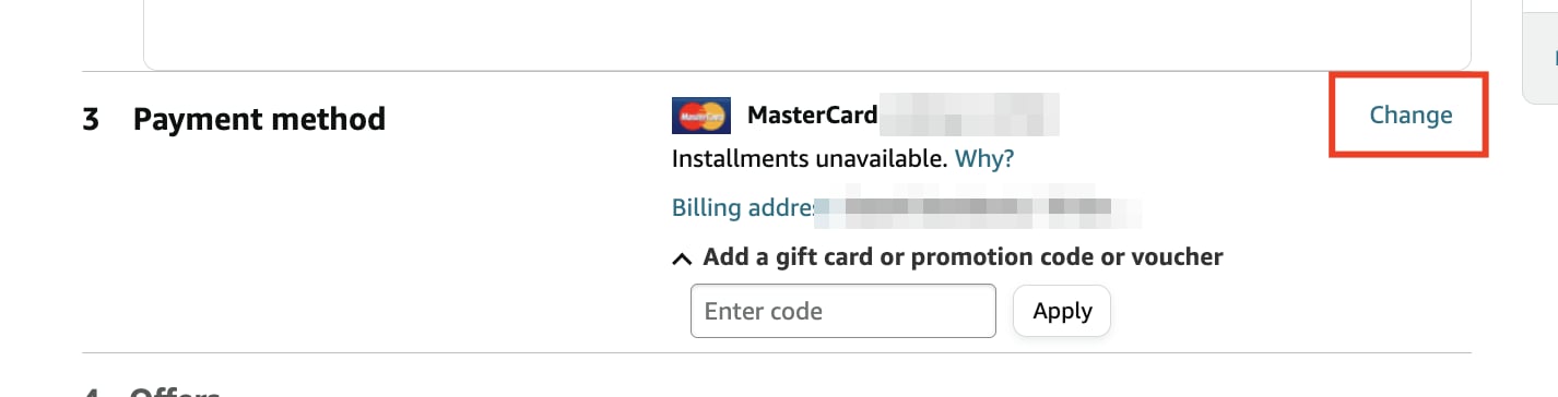 Amazon payment method section with the Change link