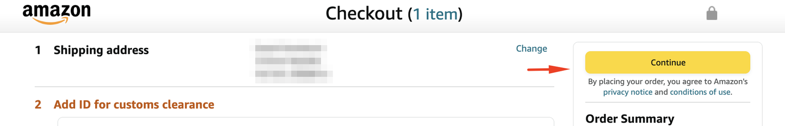 Amazon checkout with the Continue button