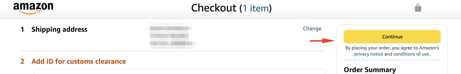 Amazon checkout with the Continue button