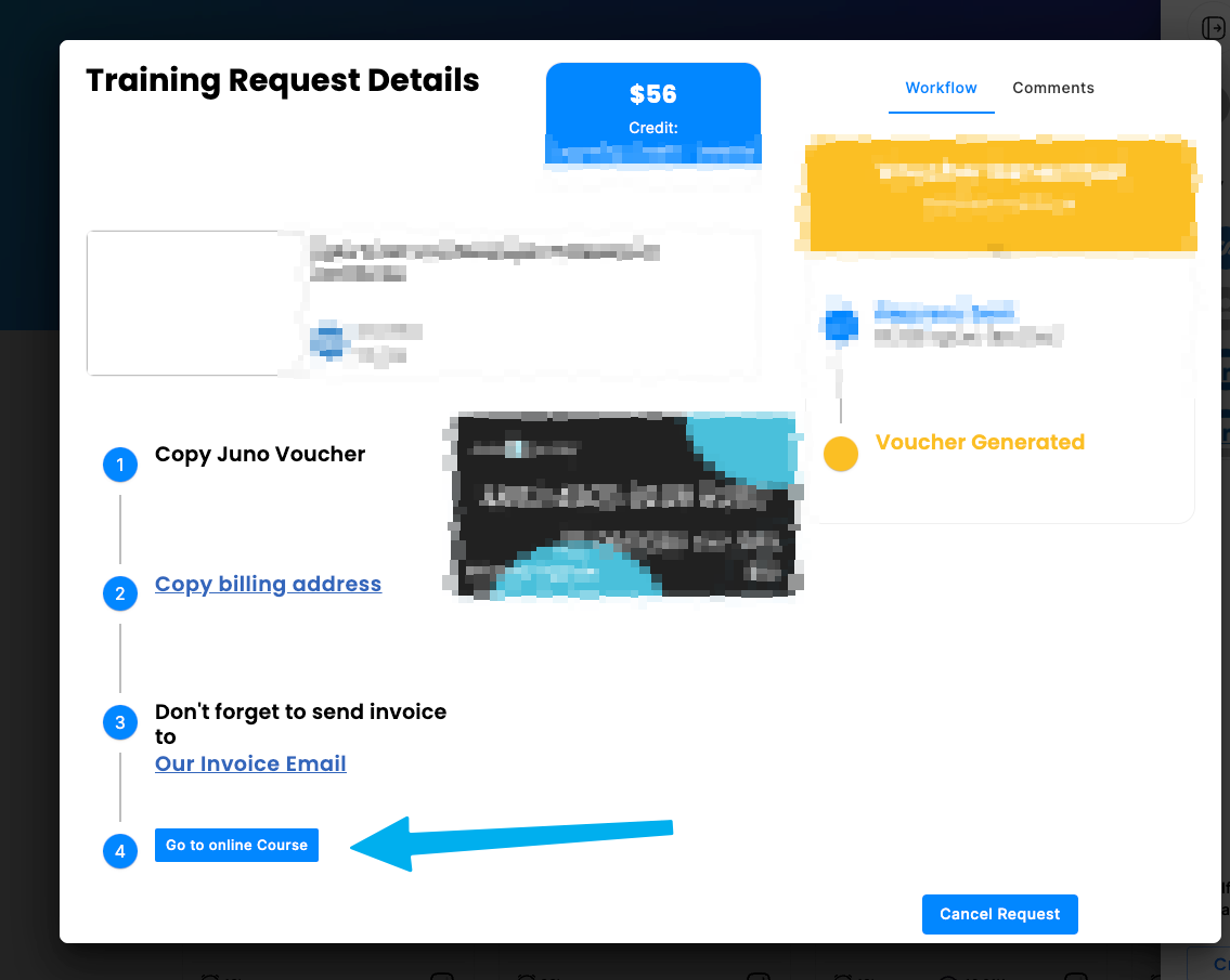 Request dialog with the Go to online course button