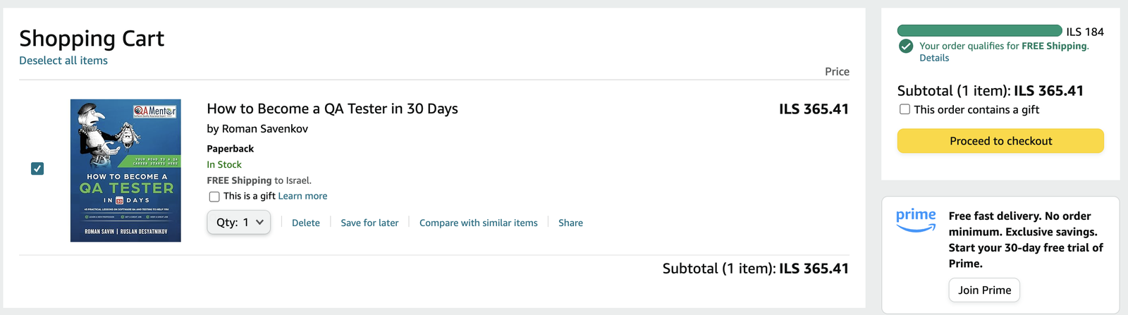 Amazon shopping cart with the Proceed to checkout button