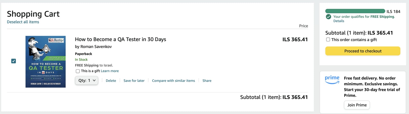 Amazon shopping cart with the Proceed to checkout button
