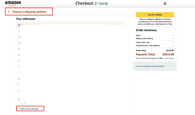 Amazon checkout with the shipping address list