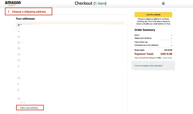 Amazon checkout with the shipping address list