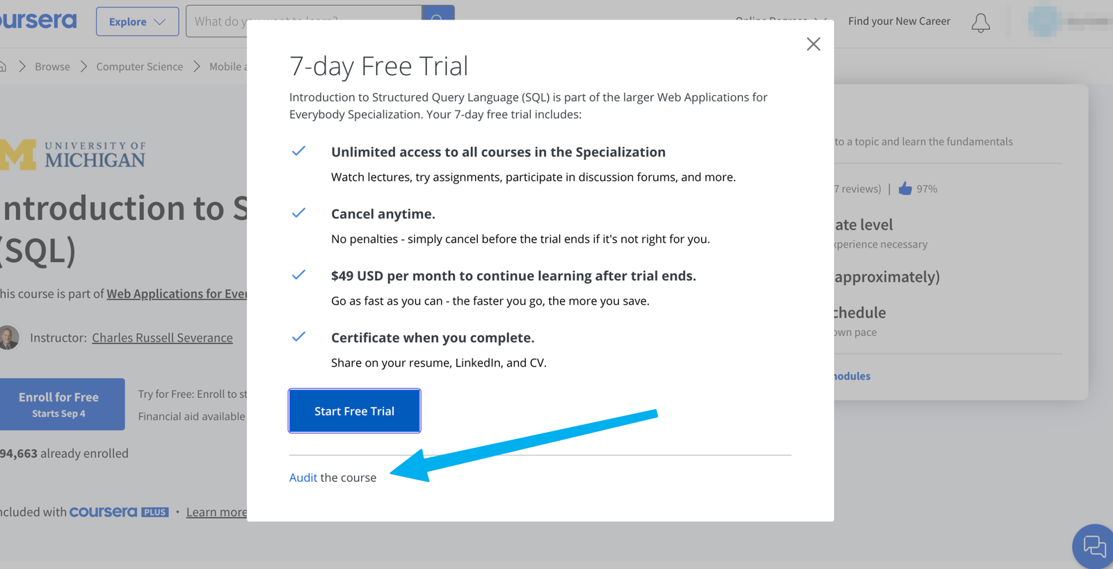 Coursera free trial window with the Audit the course link