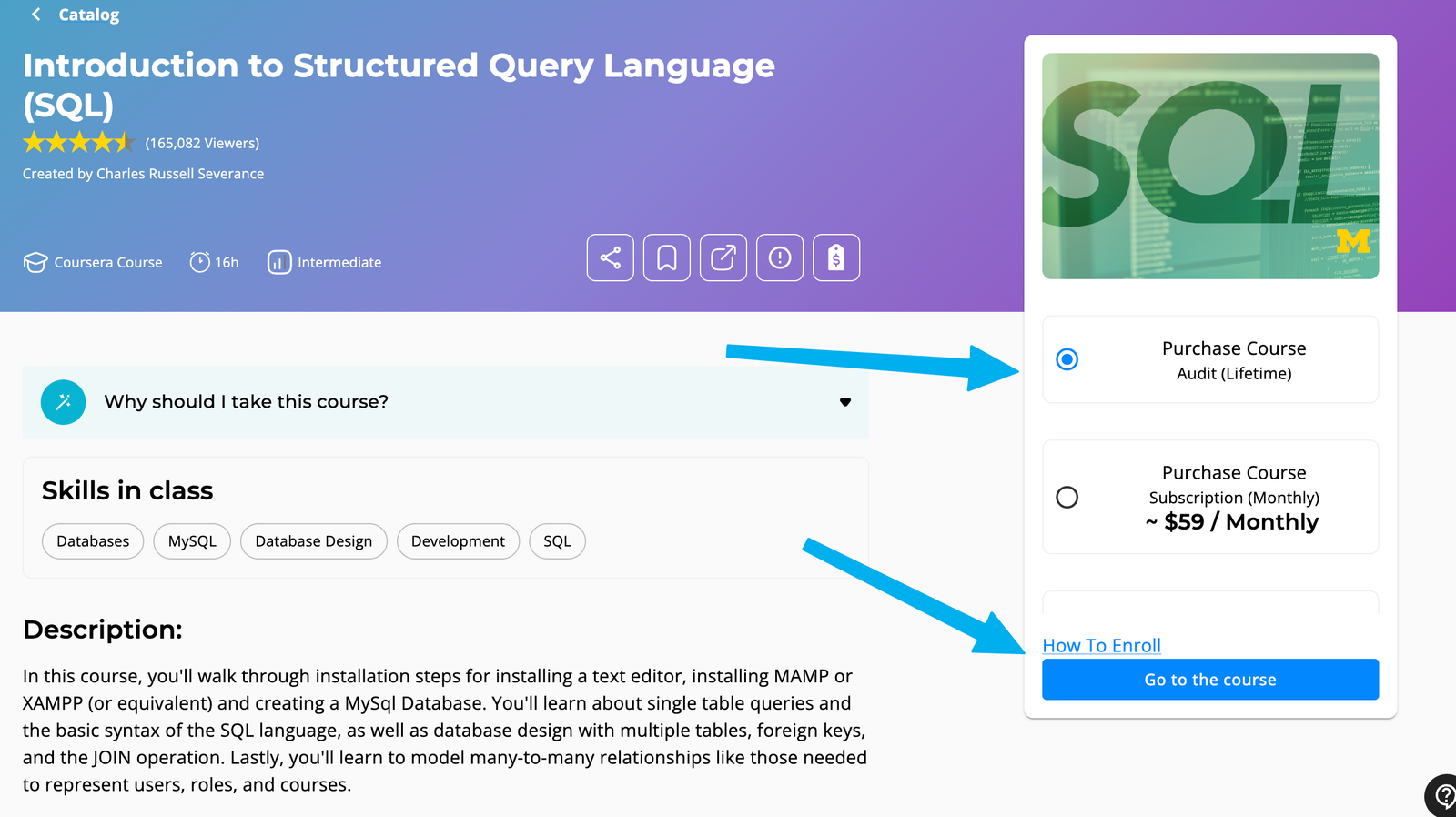 Coursera course page in the catalog with the Audit option and Go to the course button