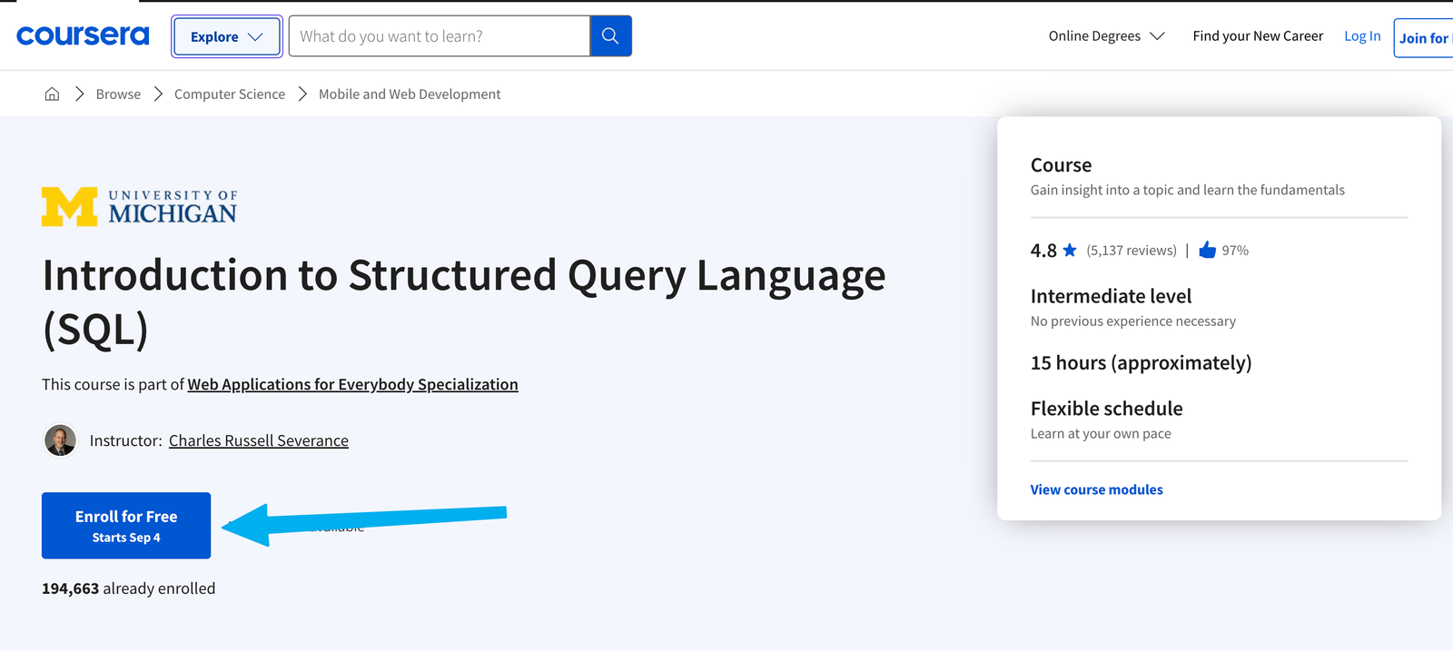 Coursera course page with the Enroll for Free button