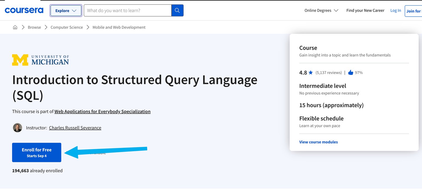 Coursera course page with the Enroll for Free button