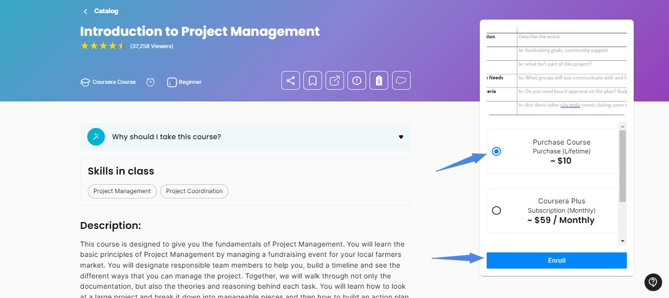 Coursera course in the catalog with Purchase Course selected and the Enroll button