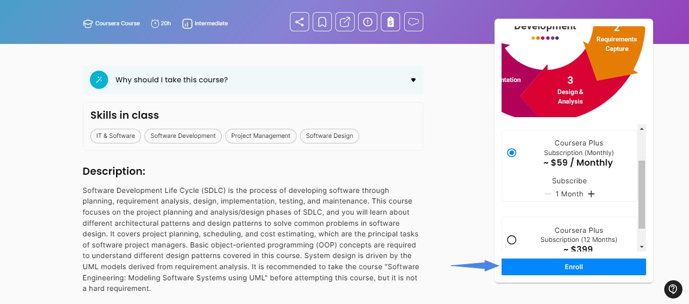 Coursera course in the catalog with Coursera Plus subscription plans and the Enroll button