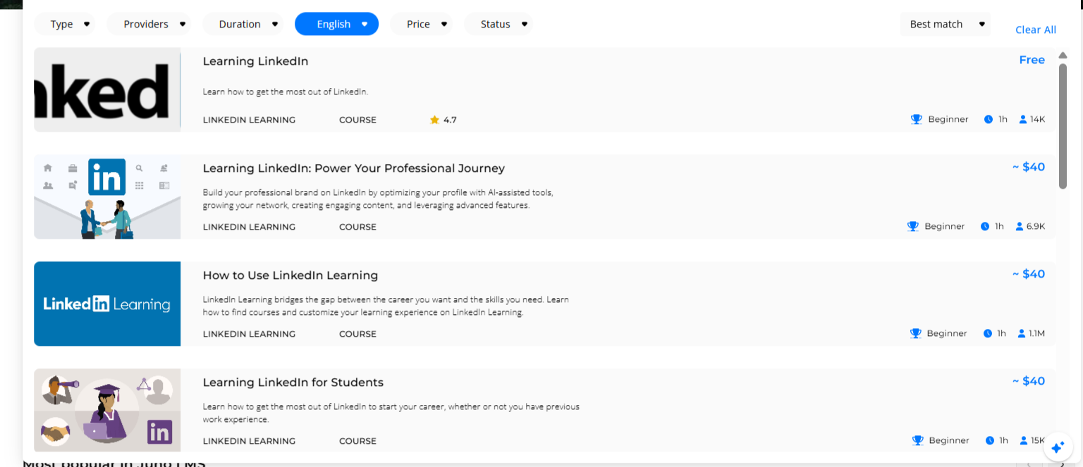 On-Demand Catalog search results filtered to LinkedIn Learning
