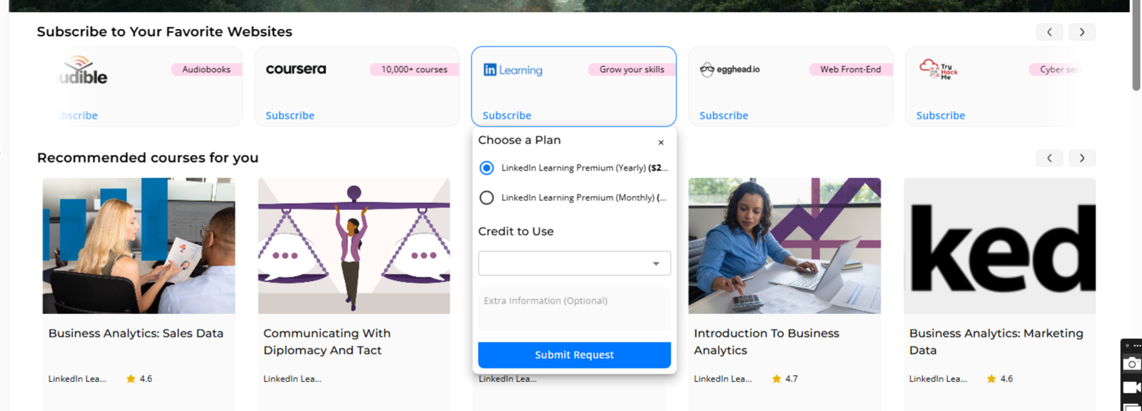 LinkedIn Learning tile and plan picker on the On-Demand Catalog