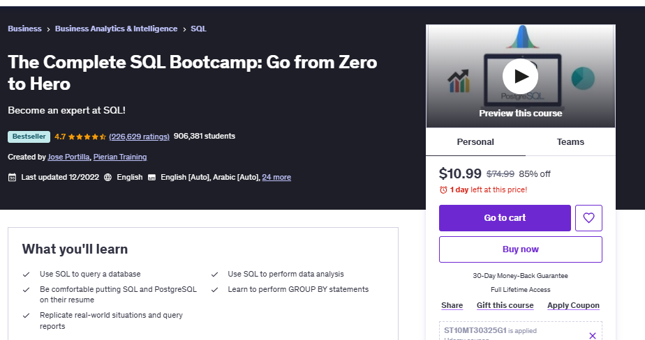 Udemy course page with the Buy now button