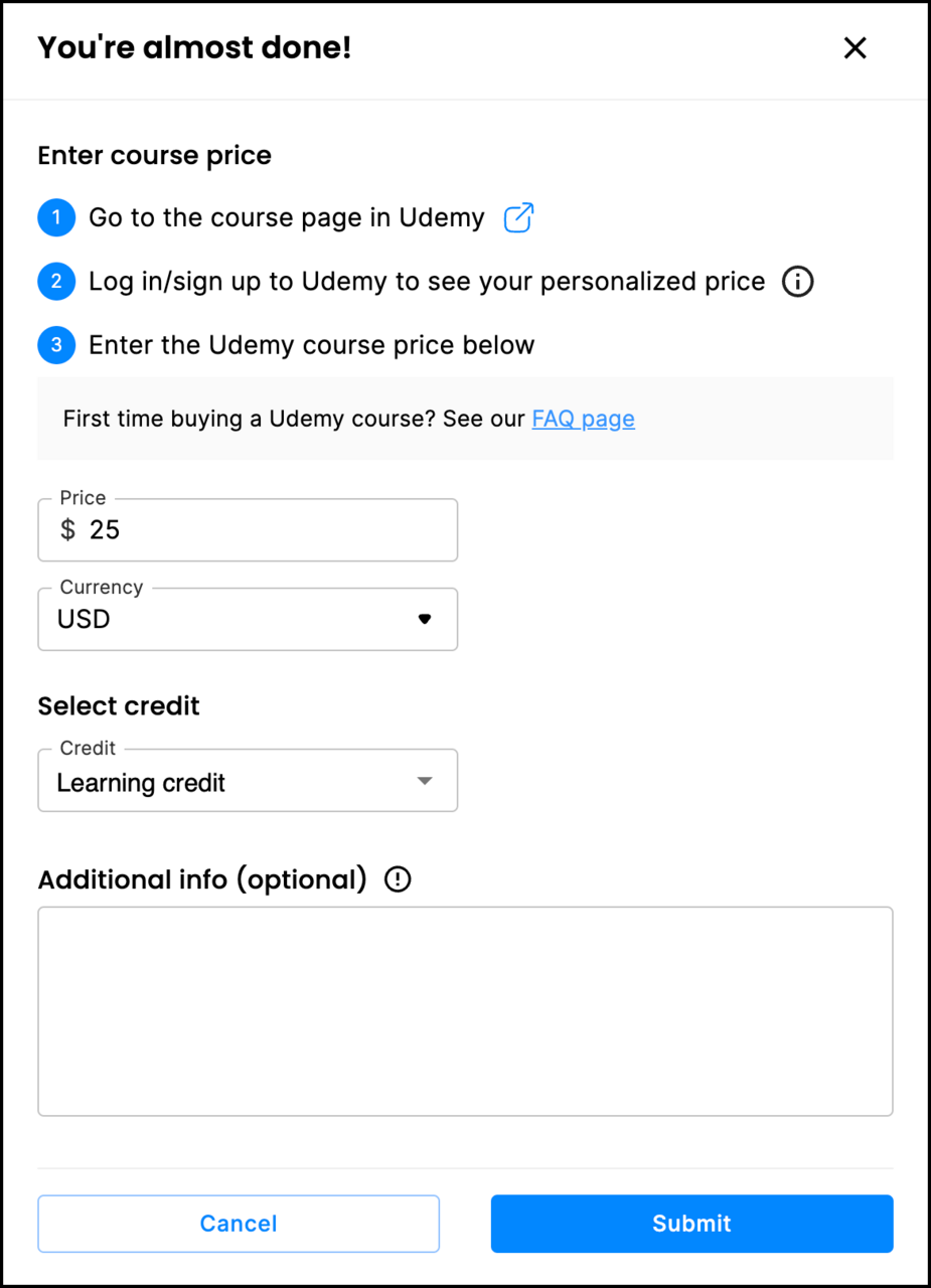 Request dialog asking for the current Udemy course price