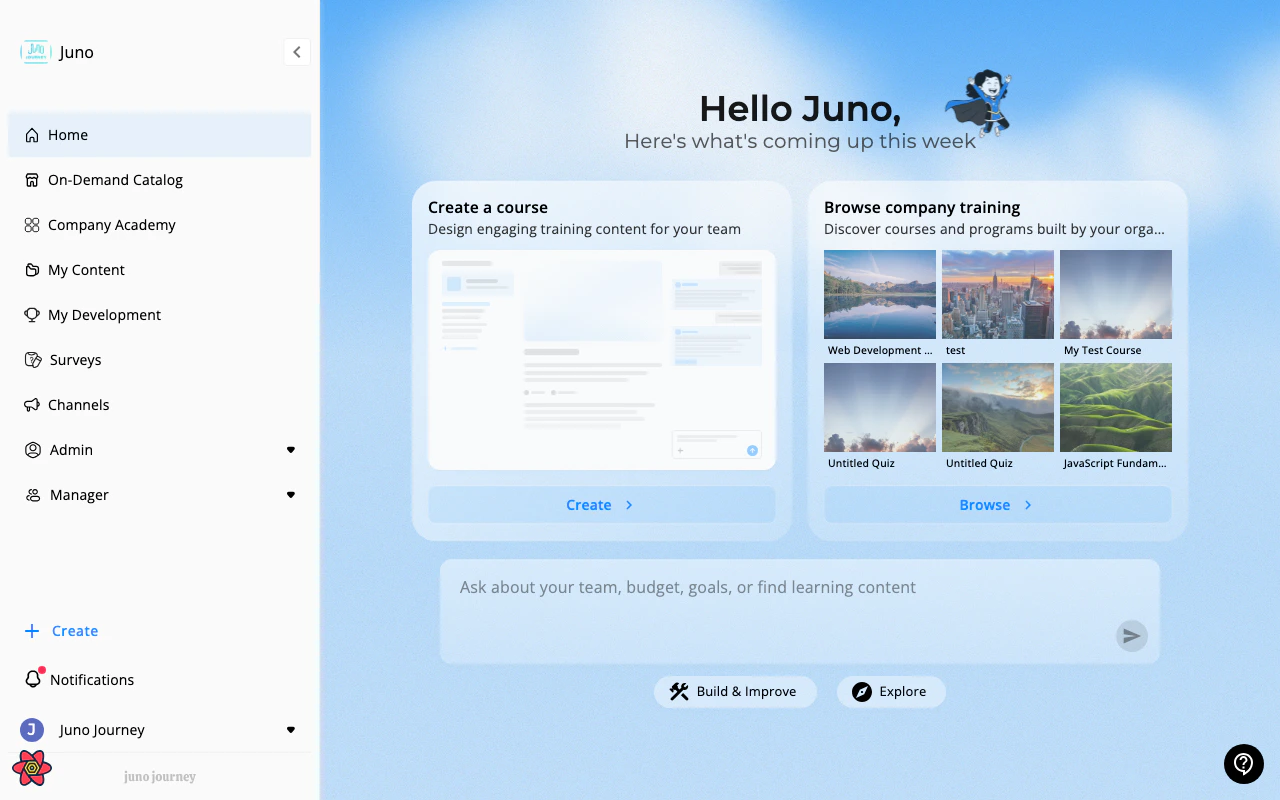 Juno Home — personalized dashboard with suggestion cards and Juno assistant