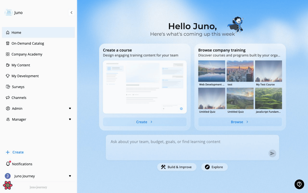 Home page — cards, Juno assistant, and sidebar