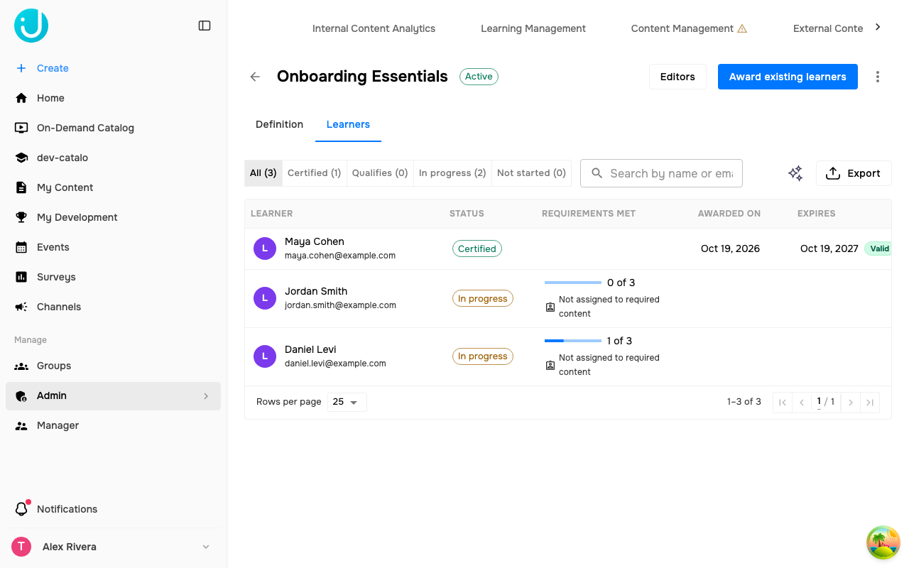 The Learners tab with the status filter, progress bars, and an Award button