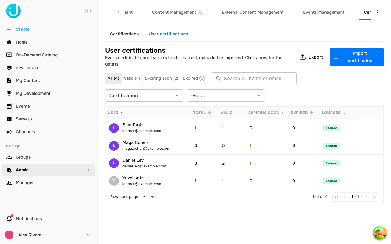 User certifications: one row per learner with validity counts and source chips