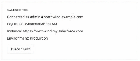 The Salesforce card in Admin → Settings → Integrations, showing a connected org