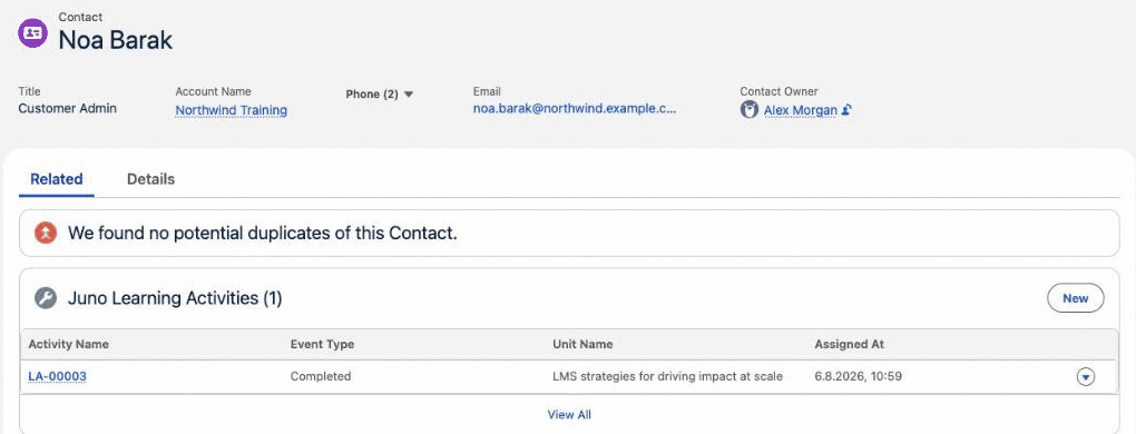 A Salesforce Contact showing the Juno Learning Activities related list with a completed course
