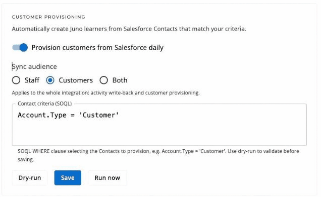 The Customer provisioning card with the daily toggle, sync audience, SOQL criteria and the dry-run, save and run controls