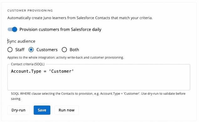 The Customer provisioning card with the daily toggle, sync audience, SOQL criteria and the dry-run, save and run controls