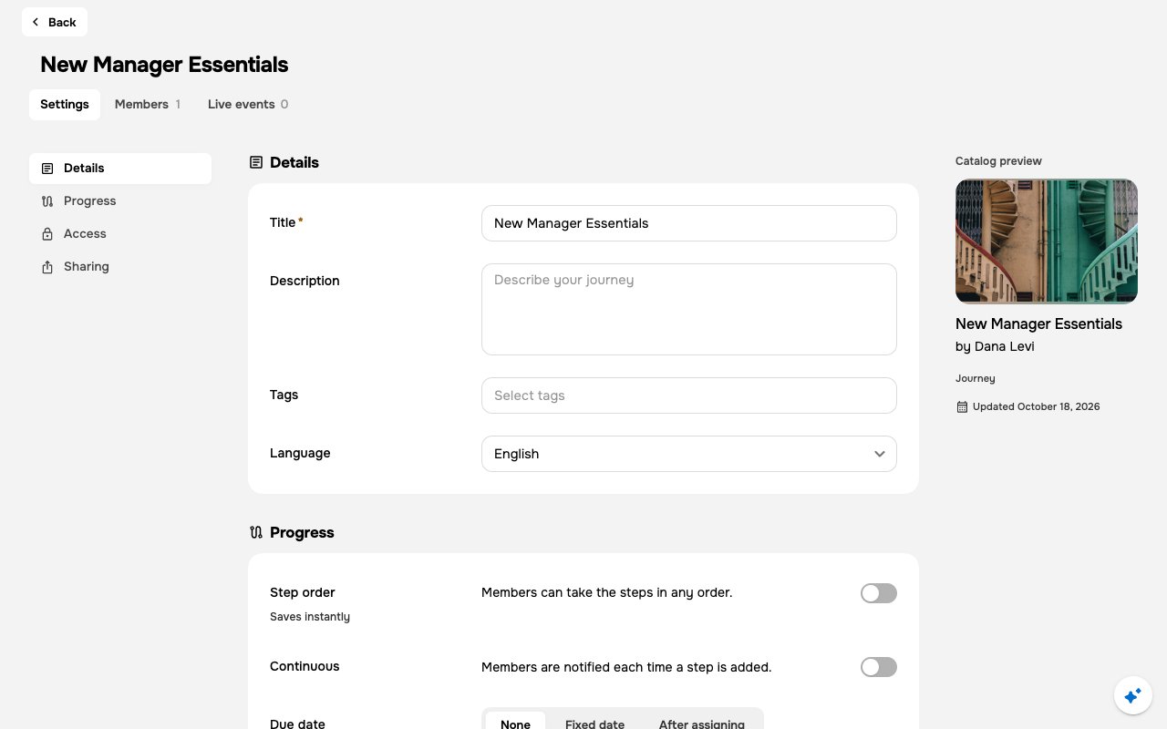 Journey Manage view on the Settings tab with the Details, Progress, Access and Sharing index