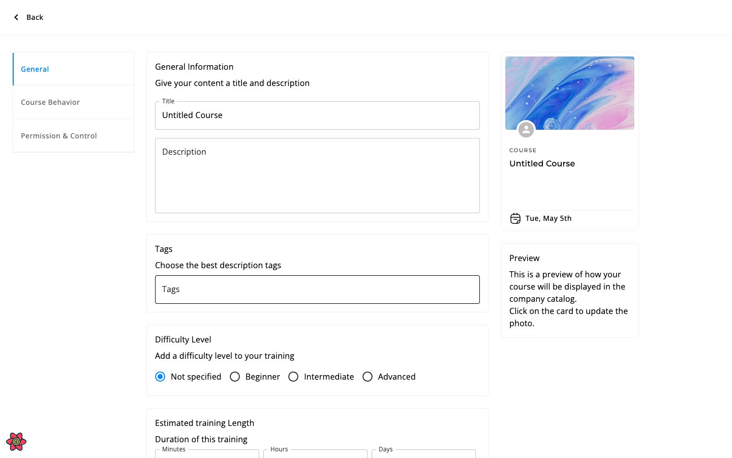 Course settings panel — General tab