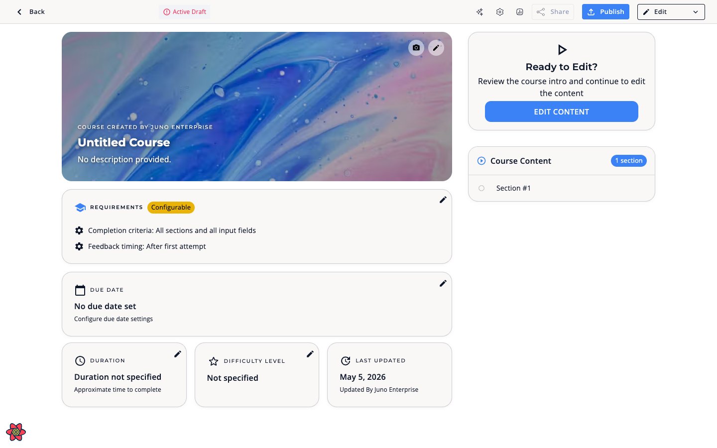 Course intro page with sections sidebar