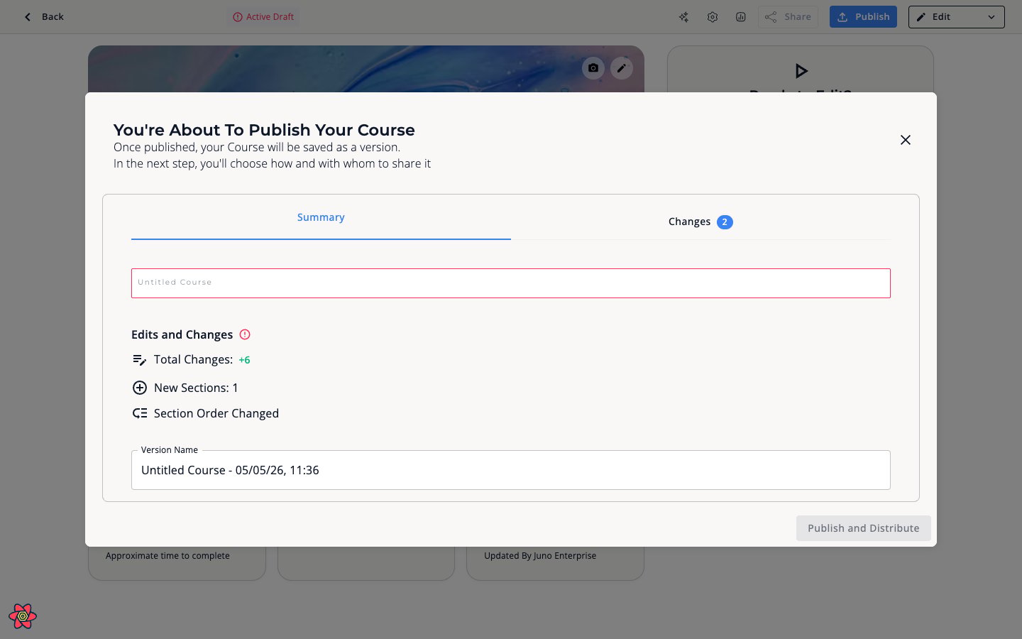 Publish dialog showing change summary and version name