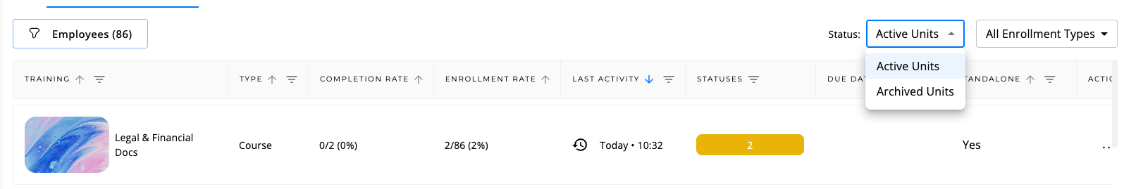Status dropdown — Active Units / Archived Units