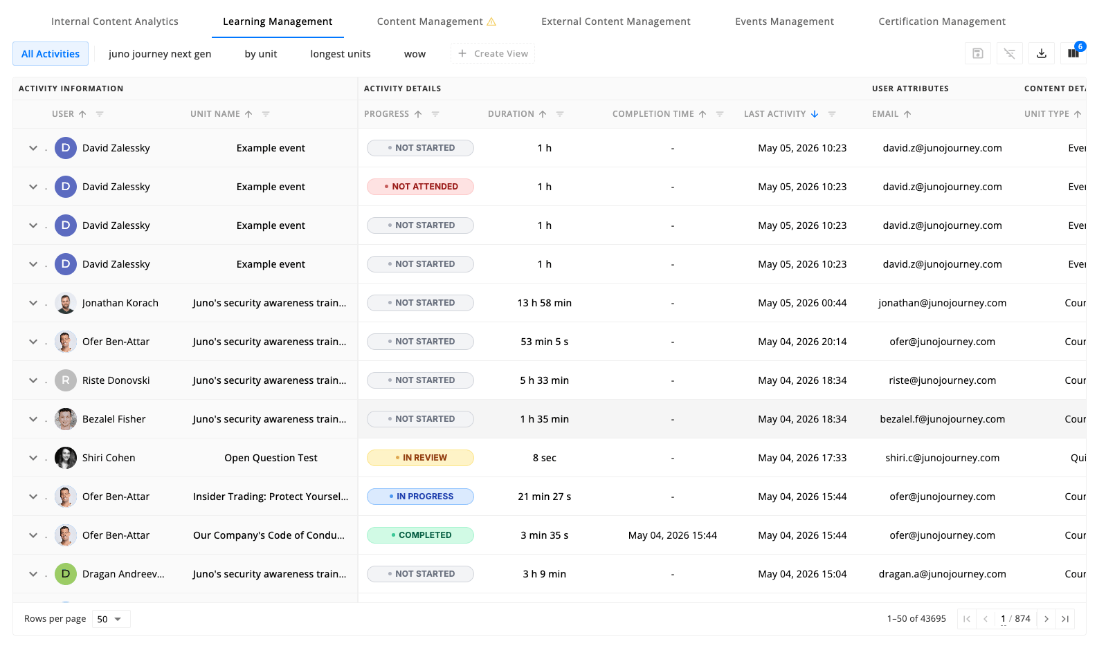 Learning Management — saved views and table