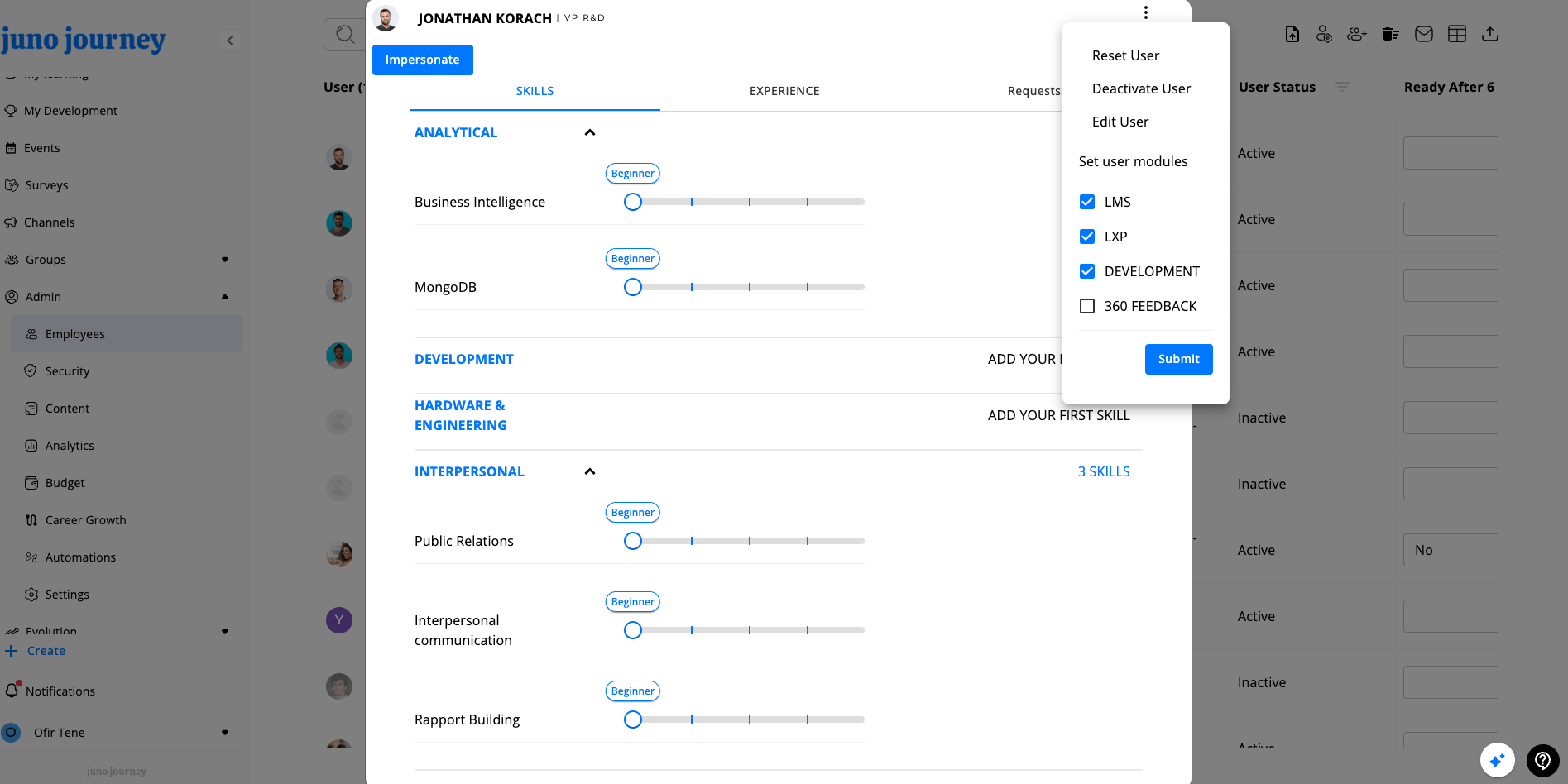 User actions menu with module submenu
