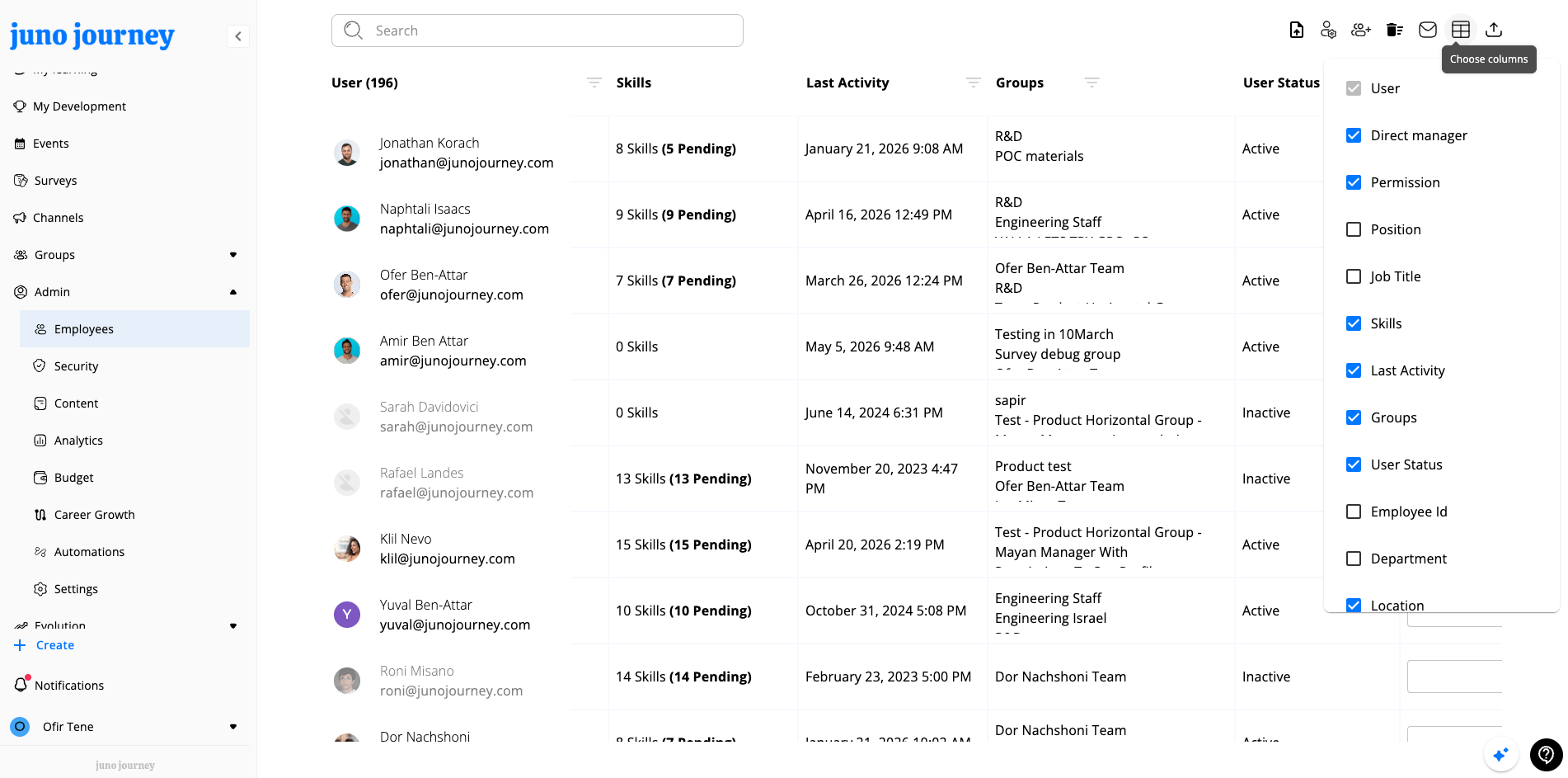 Users table with column picker open
