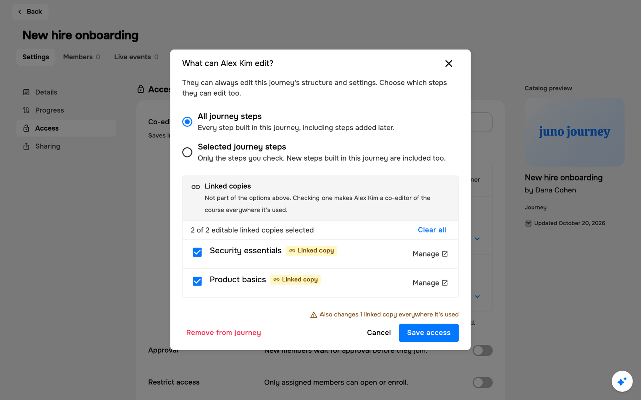 What can Alex Kim edit? dialog with the Linked copies section: both courses checked, 2 of 2 editable linked copies selected with Clear all, and the note Also changes 1 linked copy everywhere it's used