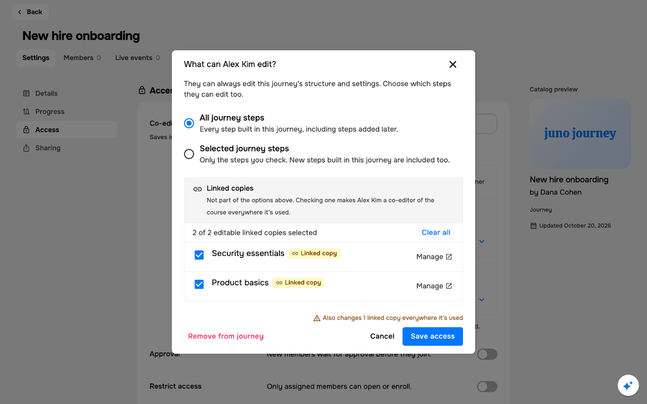 What can Alex Kim edit? dialog with the Linked copies section: both courses checked, 2 of 2 editable linked copies selected with Clear all, and the note Also changes 1 linked copy everywhere it's used