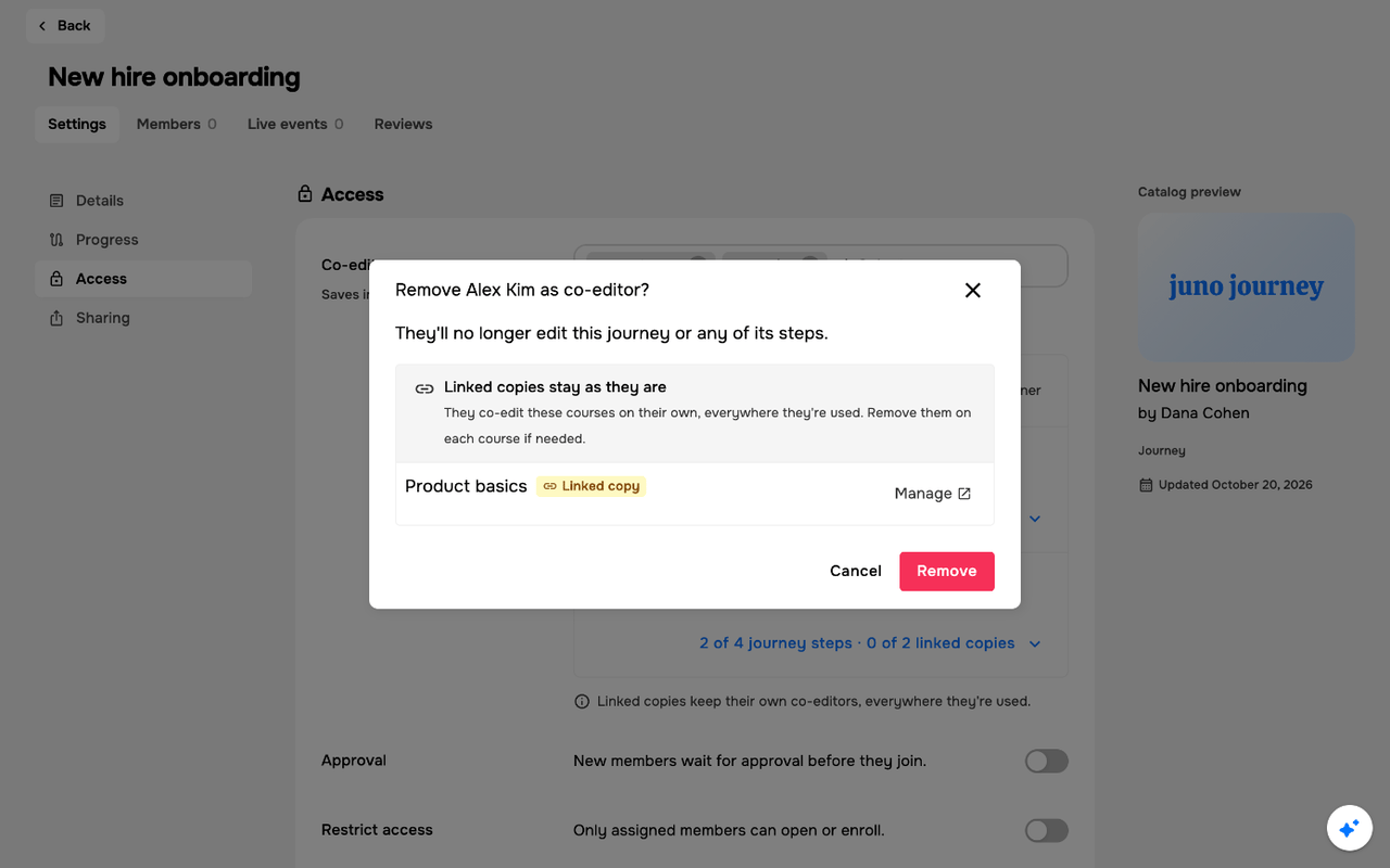 Remove Alex Kim as co-editor? dialog with the Linked copies stay as they are section and a Manage link