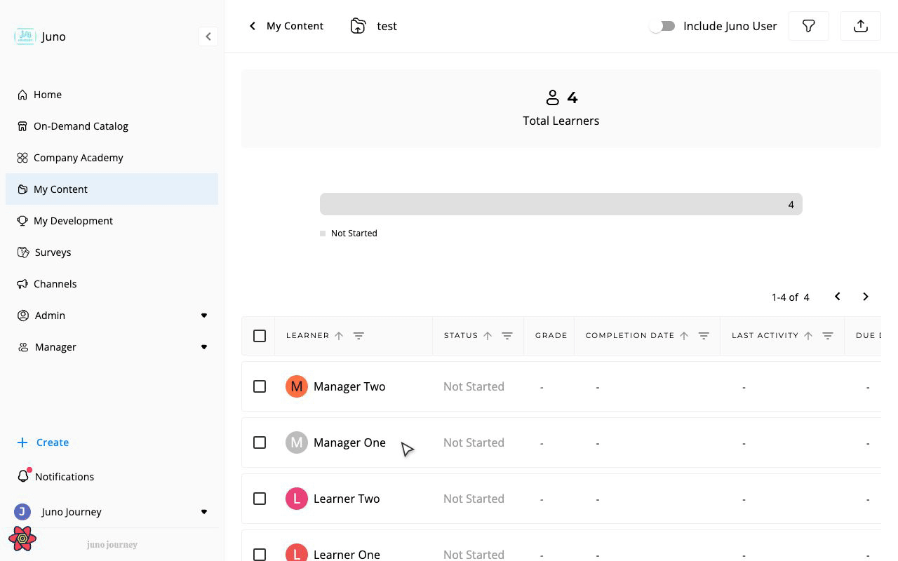 Select learners → choose action → confirm