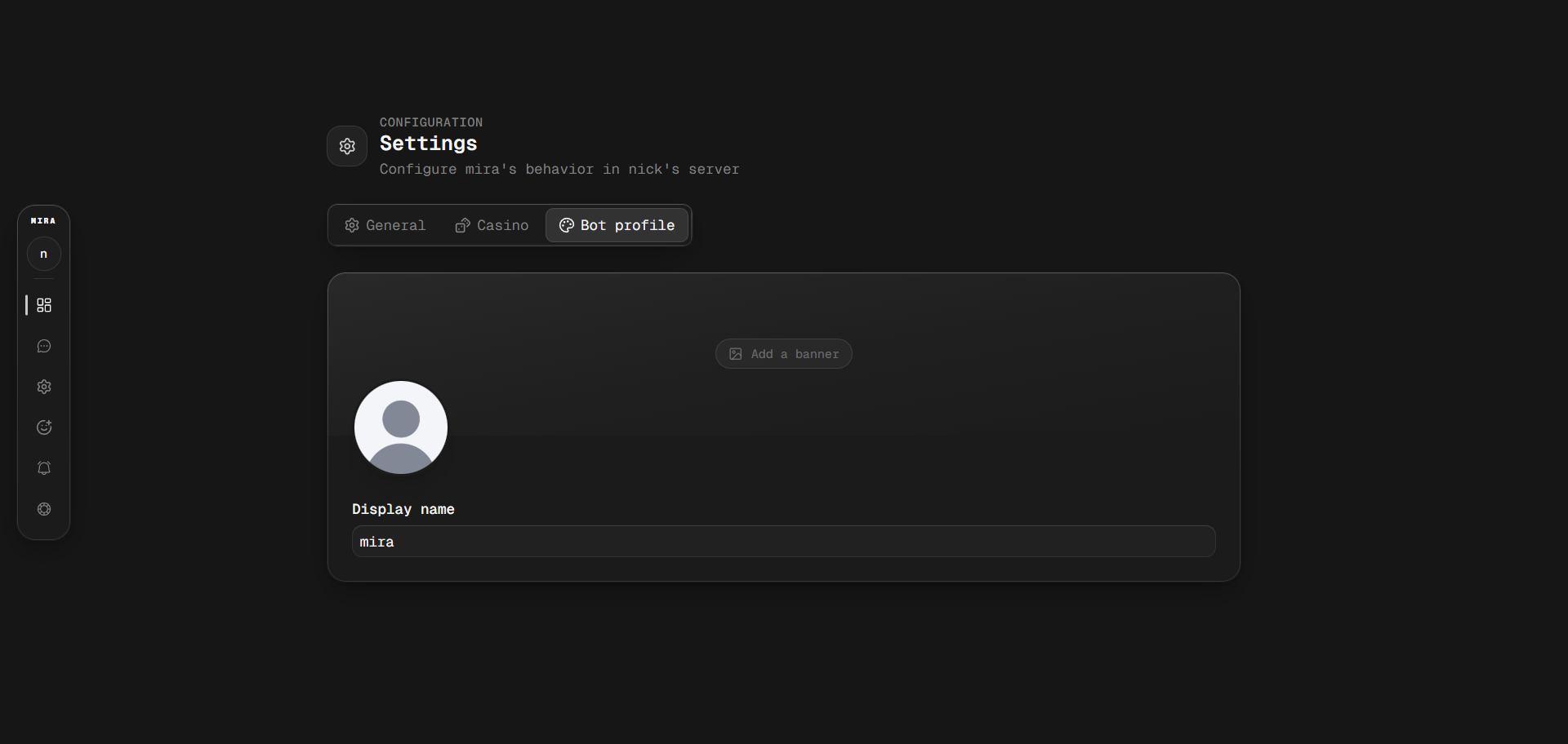 The customization page on the mira dashboard
