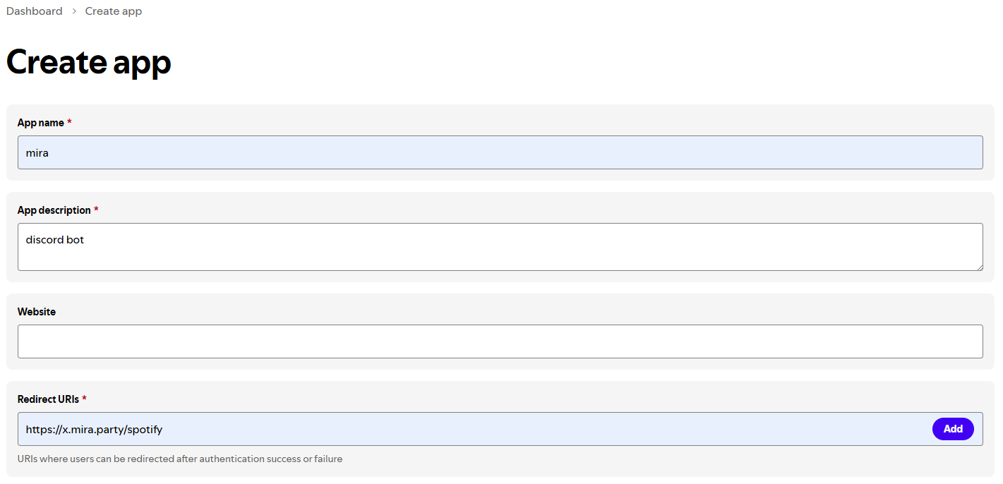 The create app form with the redirect URI added