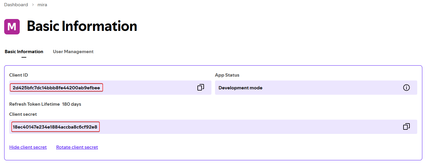 The app settings page showing the Client ID and the View client secret link
