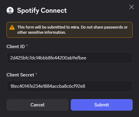 The Connect Application modal in Discord asking for Client ID and Client Secret