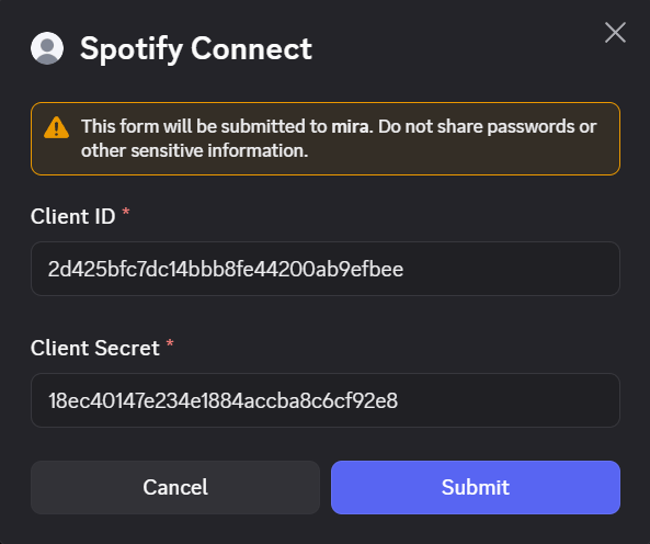 The Connect Application modal in Discord asking for Client ID and Client Secret