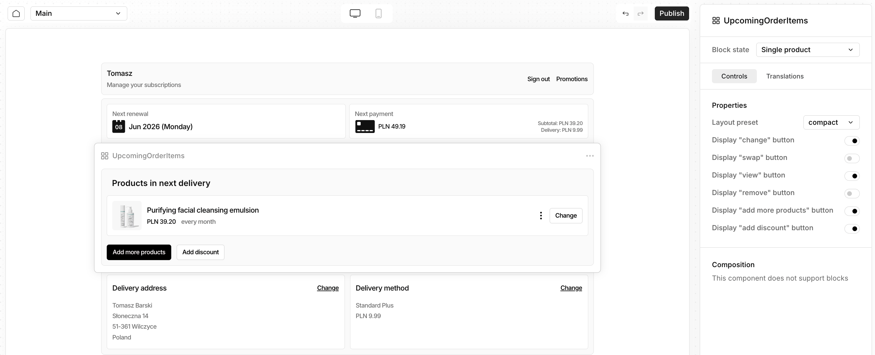 Block Editor interface showing a Customer Portal preview with the Banner
block selected