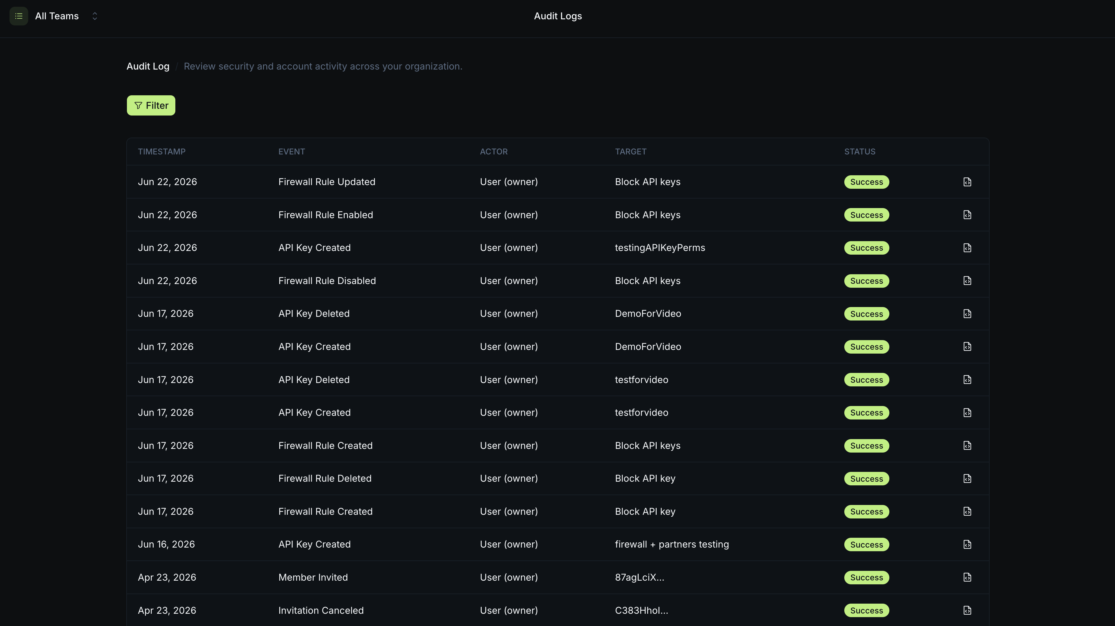 Audit log view with an event-type filter applied