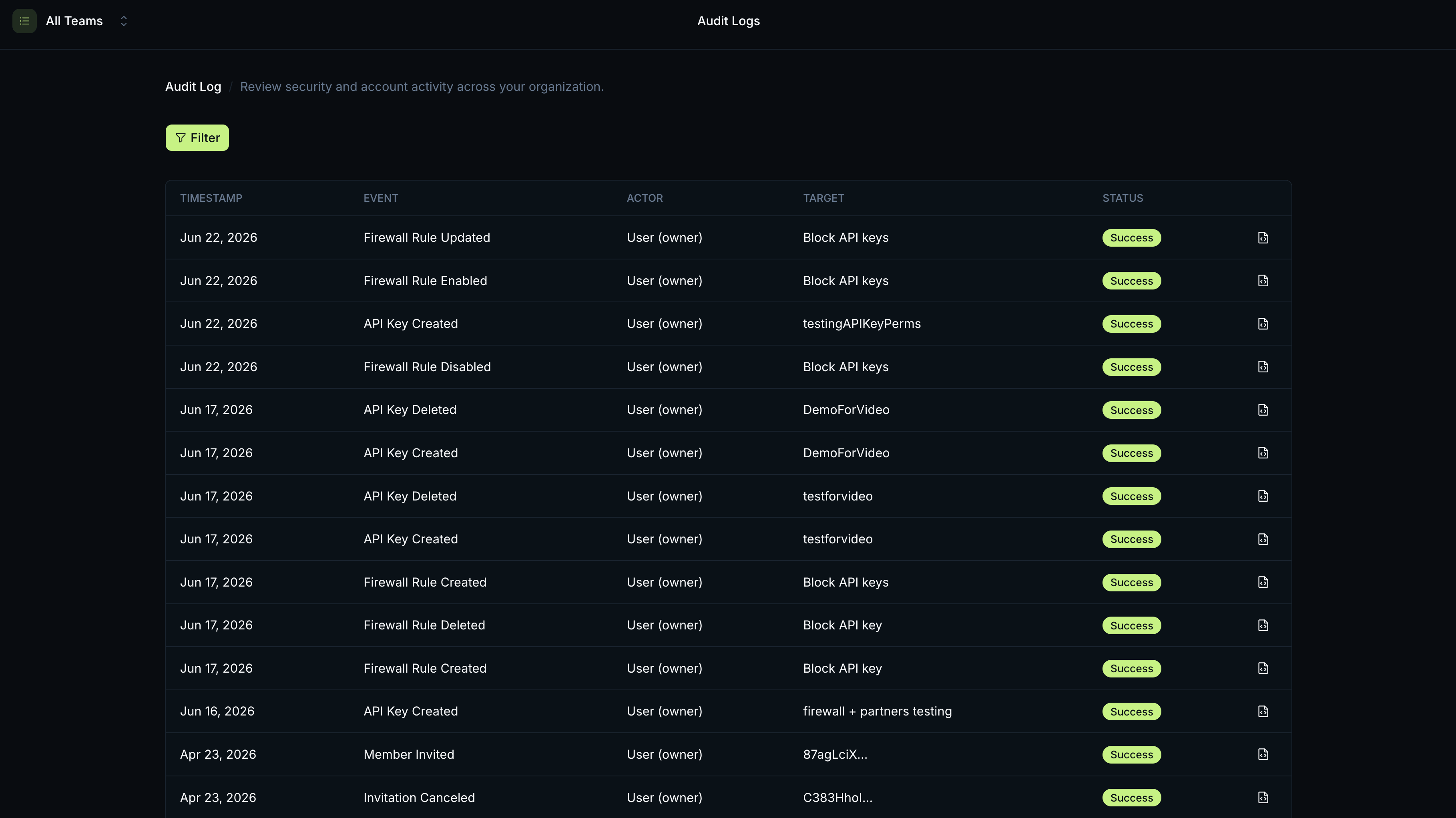 Audit log view with an event-type filter applied