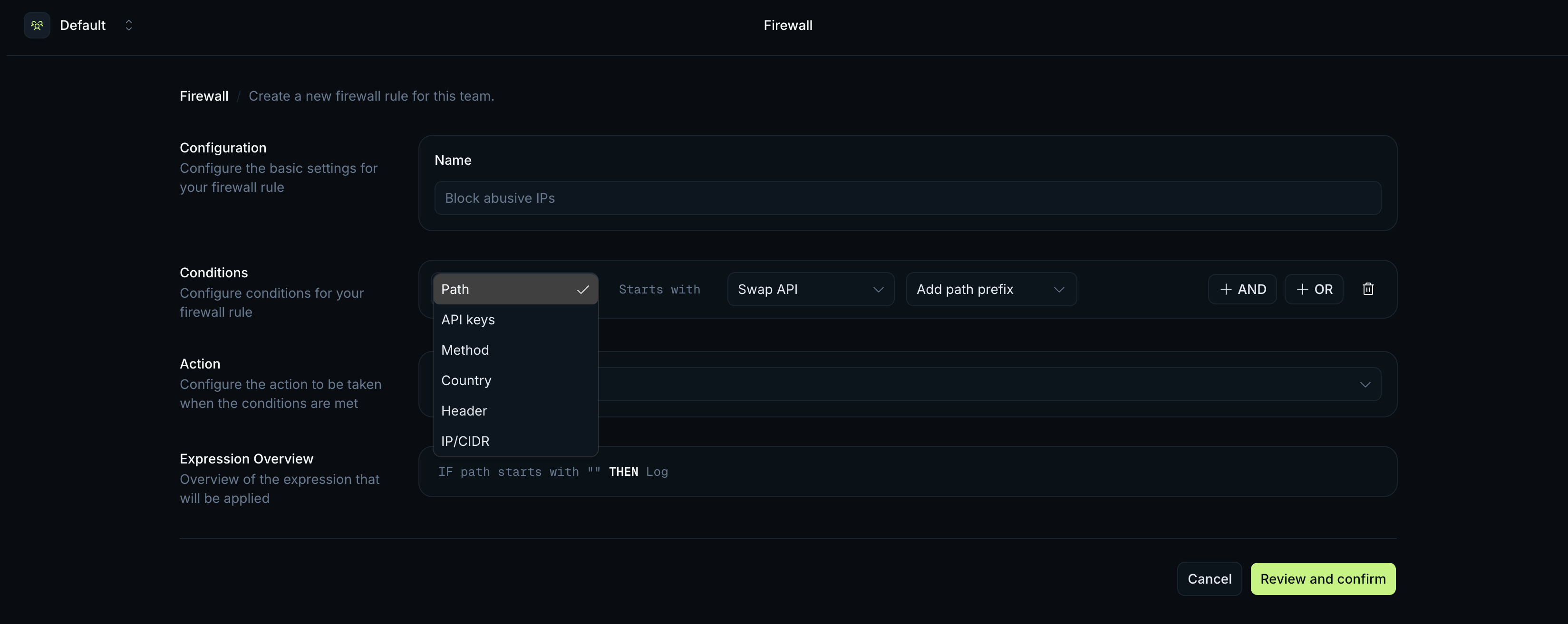 Firewall condition type dropdown listing Path, API keys, Method, Country, Header, and IP/CIDR