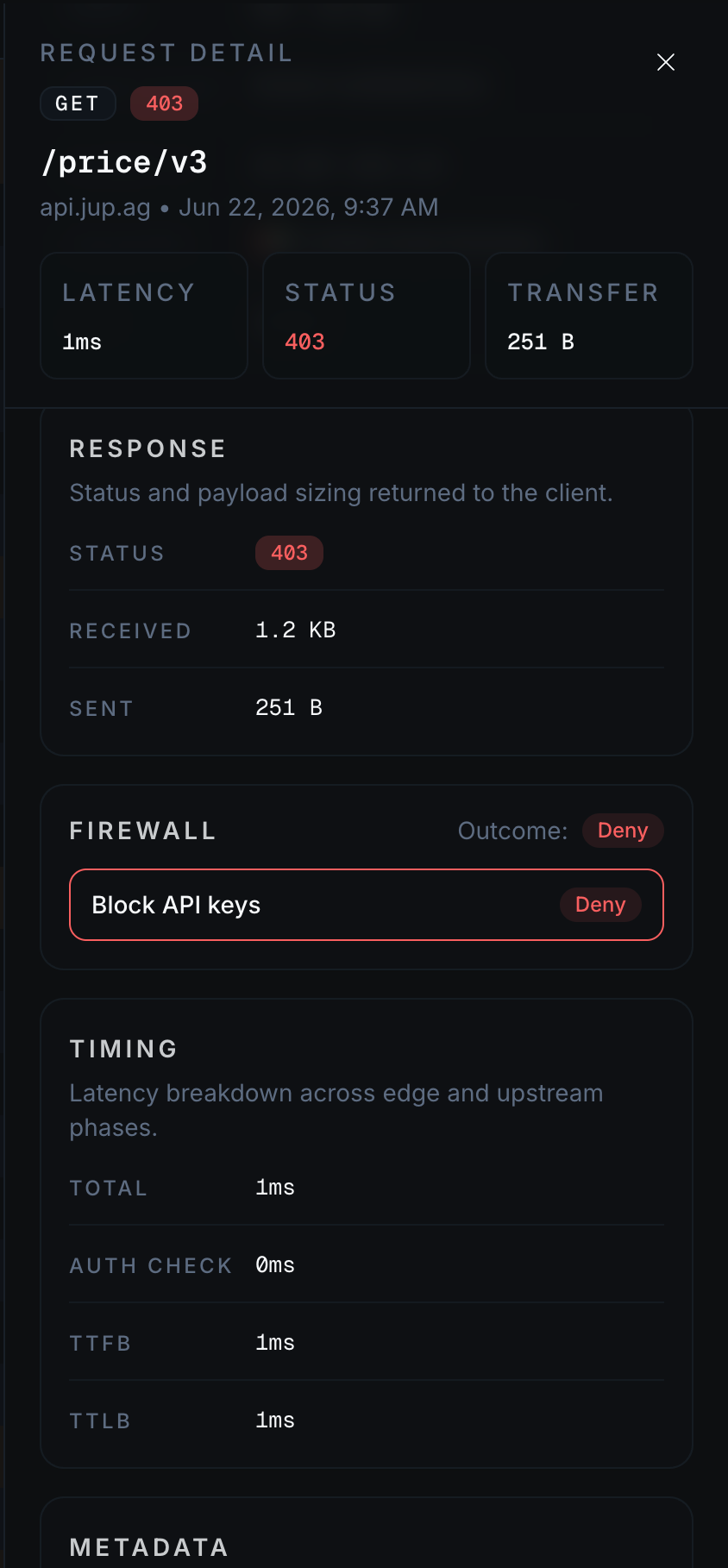Request log detail panel showing the full record including the firewall decision