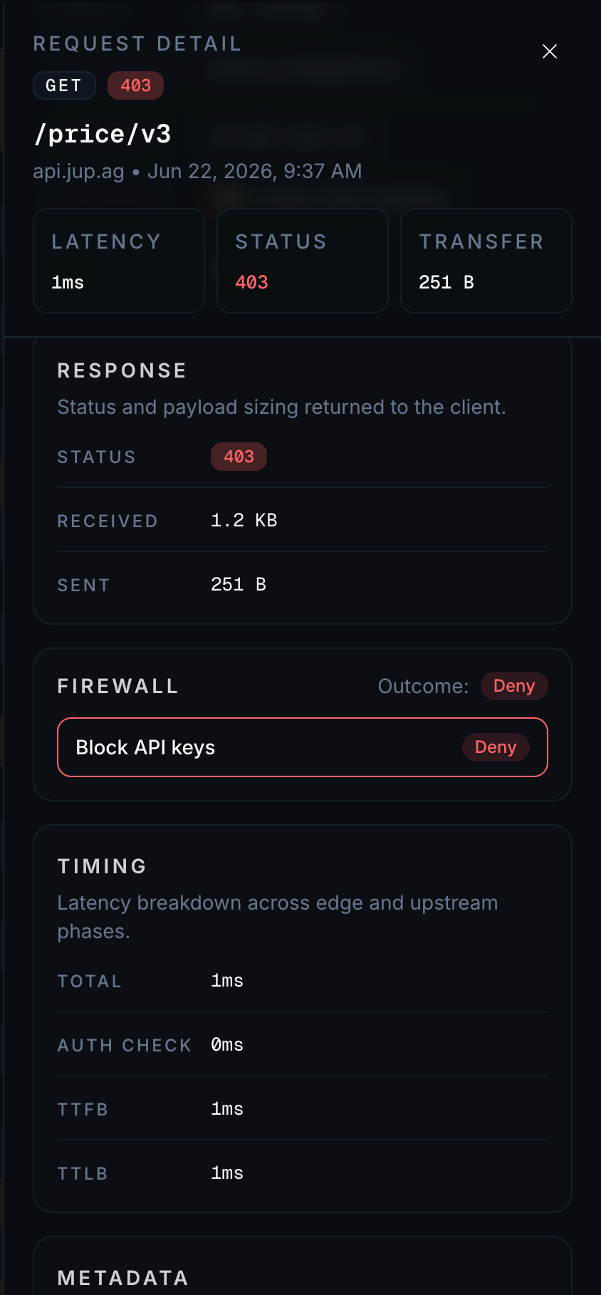 Request log detail panel showing the full record including the firewall decision