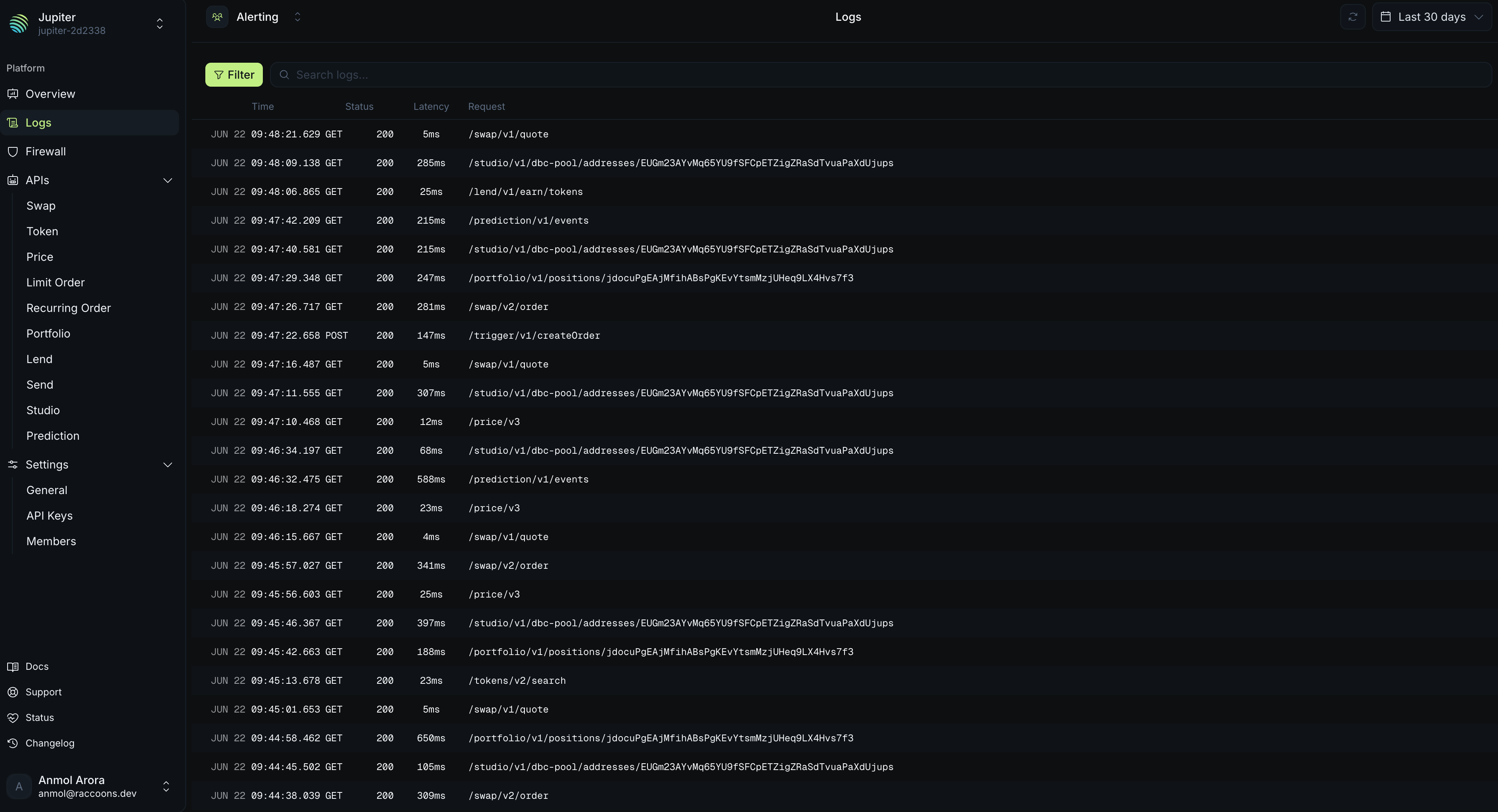 Request logs list in Portal with status, method, API group, and path filters applied